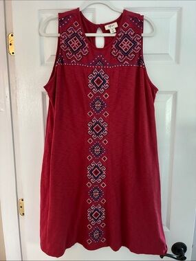 Style & Co. Red Sleeveless Shift Dress w/ Blue & White Embroidery, size XL